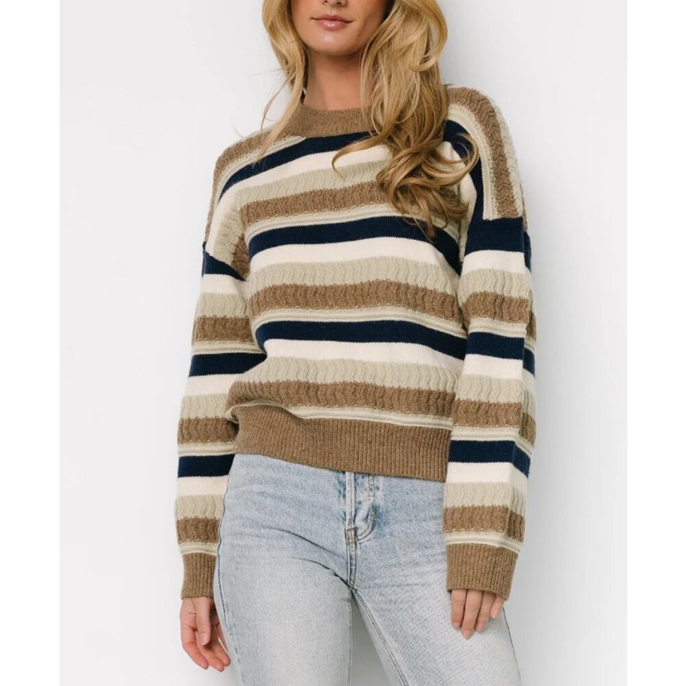 Baltic Born Kira Striped Sweater Navy Sage Tan Beige Soft Chunky NK11144 Size XL